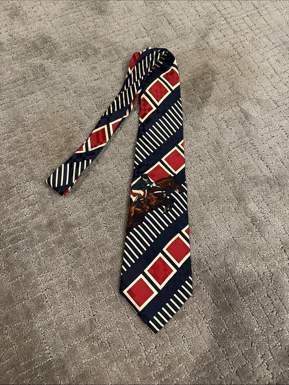 Polo by Ralph Lauren Navy Tie with Red and Cream Geometric & Equestrian Motif